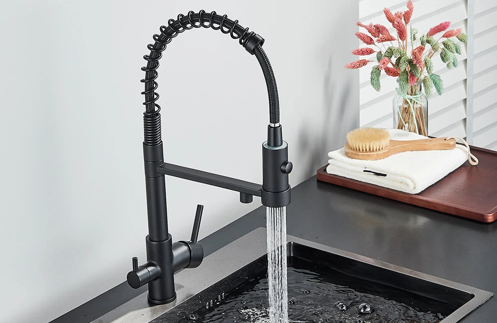 rozin Gun Grey Filter Water Kitchen Faucet Black Pull Down Spring 3 Way Faucets Brass 360 Swivel Purification Water Mixer Tap