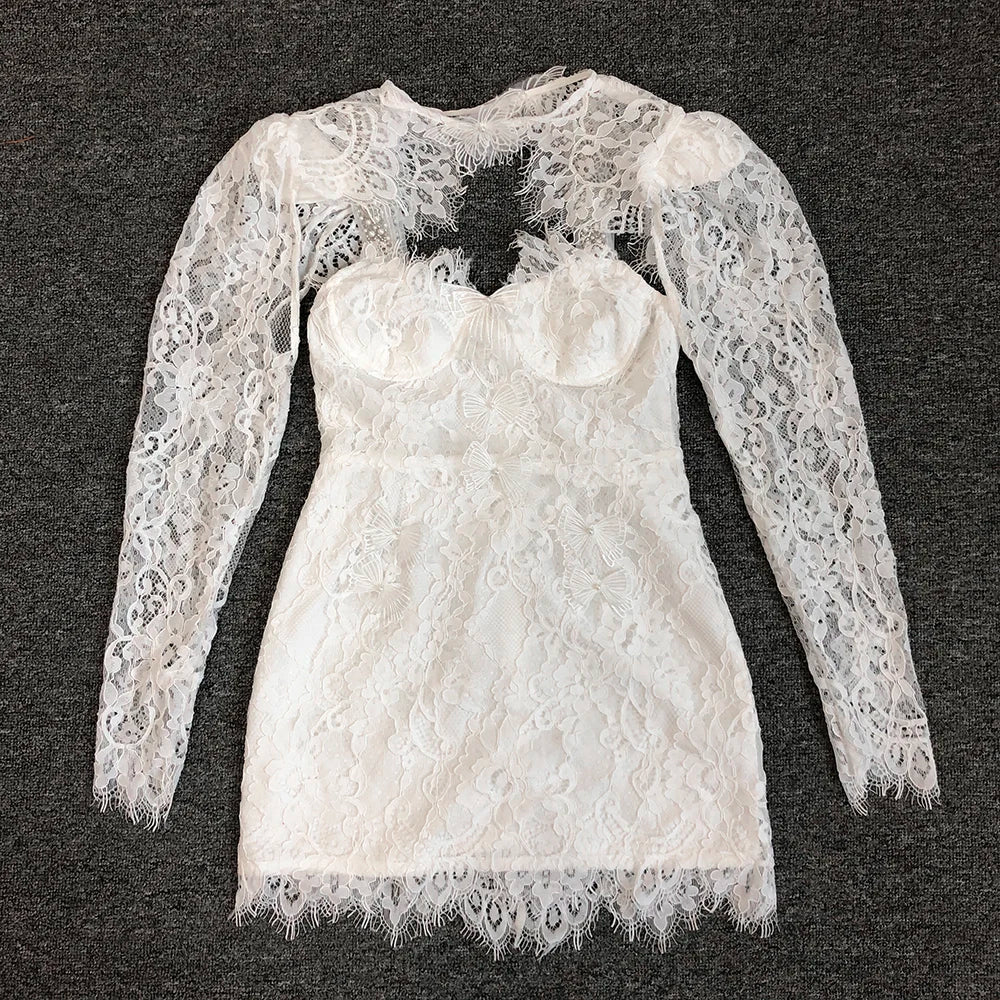 SS2349 White Lace Hollow  Out Elegant Two Pieces Dress High Waist Long Sleeve Mini Dress Luxury Evening Party Dresses