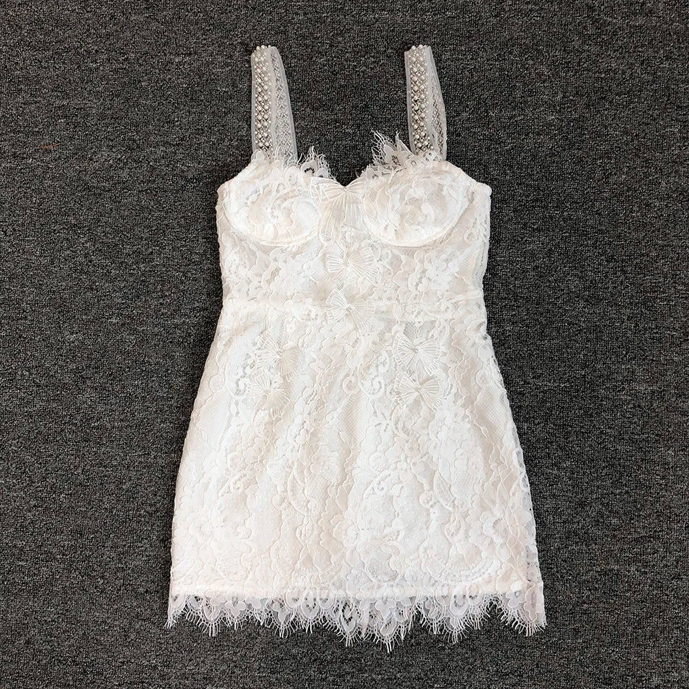 SS2349 White Lace Hollow  Out Elegant Two Pieces Dress High Waist Long Sleeve Mini Dress Luxury Evening Party Dresses