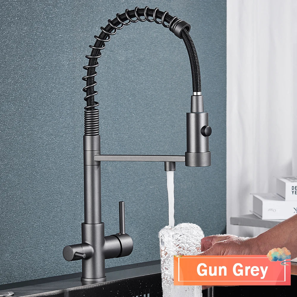 rozin Gun Grey Filter Water Kitchen Faucet Black Pull Down Spring 3 Way Faucets Brass 360 Swivel Purification Water Mixer Tap
