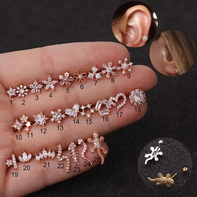 1Pc 20g Helix Piercing Jewelry Conch Rook Lobe Tragus Stud New Rose Gold Color Plants And Animals Cz Cartilage Earring