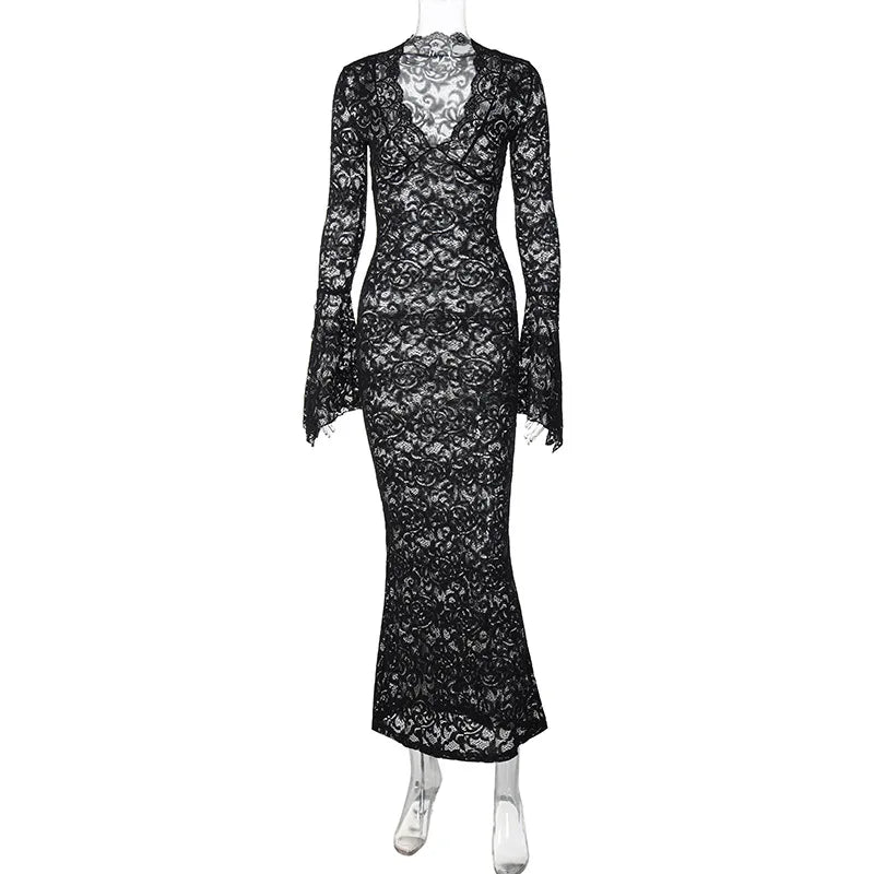 Wholesale Summer 2025 New Fashion Casual Sexy Deep V Lace Pattern Perspective Slim Sleeve Women's Dress