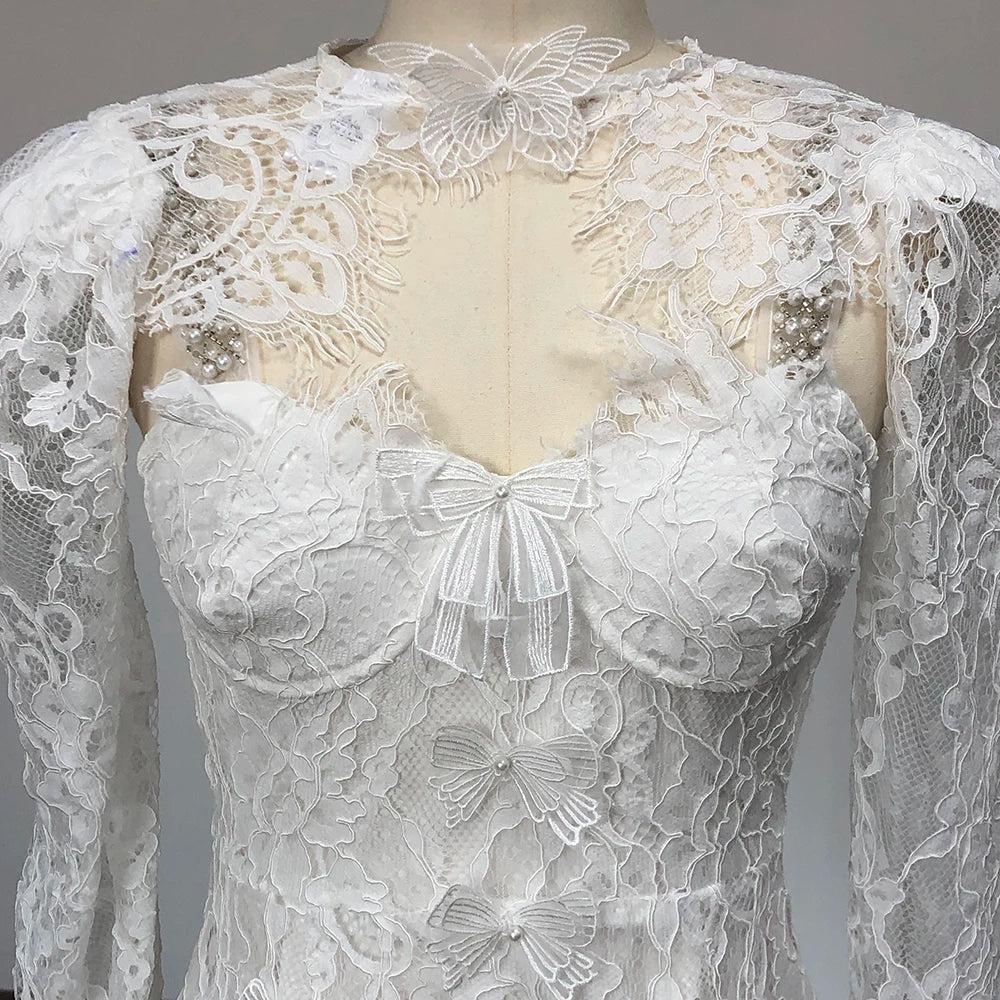 SS2349 White Lace Hollow  Out Elegant Two Pieces Dress High Waist Long Sleeve Mini Dress Luxury Evening Party Dresses