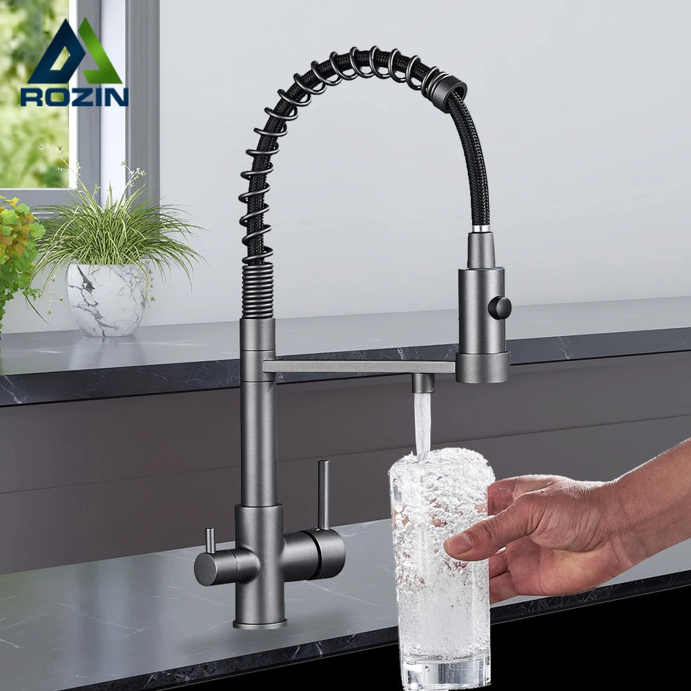 rozin Gun Grey Filter Water Kitchen Faucet Black Pull Down Spring 3 Way Faucets Brass 360 Swivel Purification Water Mixer Tap
