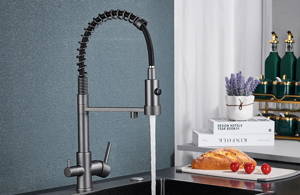 rozin Gun Grey Filter Water Kitchen Faucet Black Pull Down Spring 3 Way Faucets Brass 360 Swivel Purification Water Mixer Tap