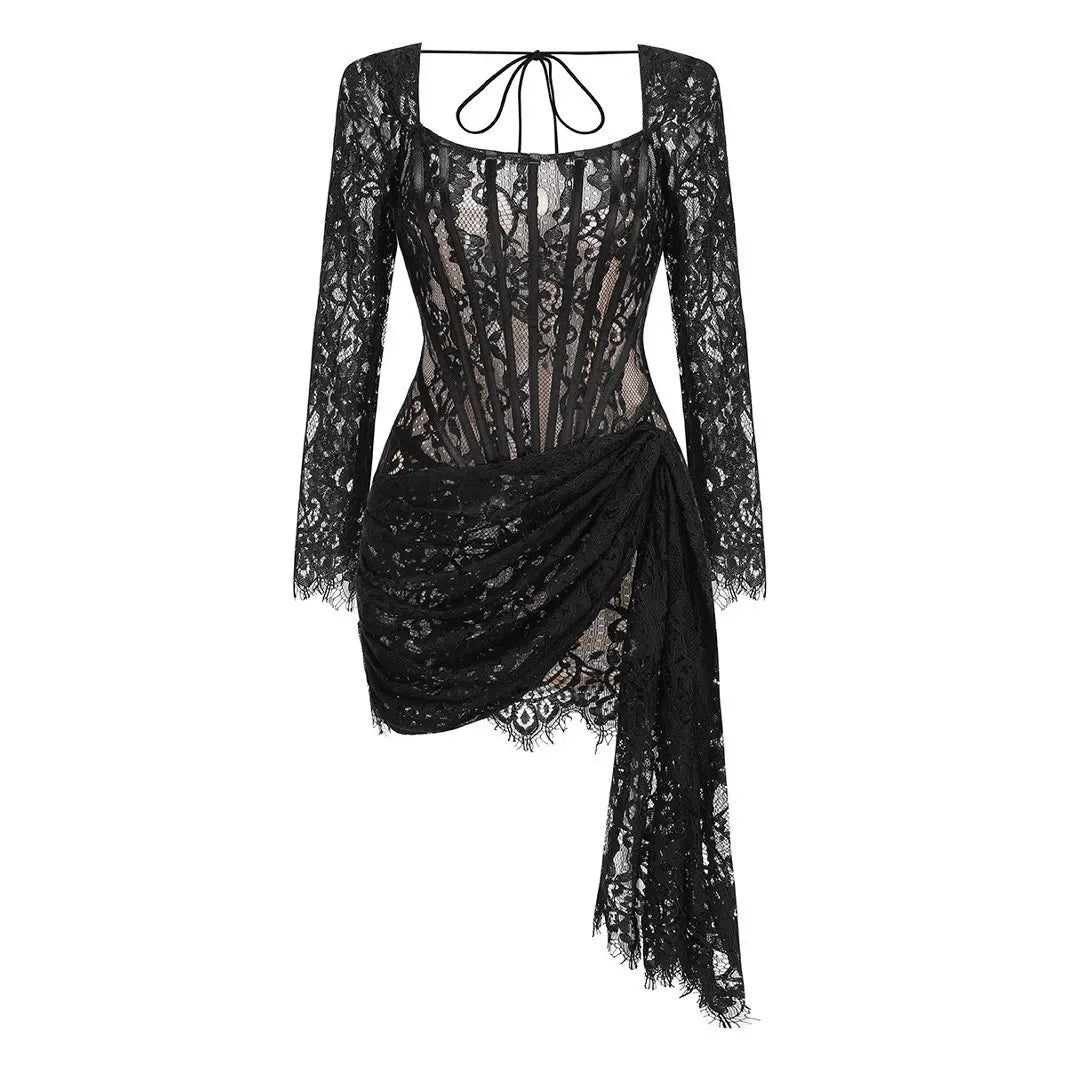 LS2535  High Quality Women Fashion Long Sleeve Wedding Dresses for Bride Mini Lace Women Sexy Dress