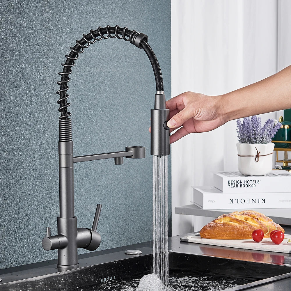 rozin Gun Grey Filter Water Kitchen Faucet Black Pull Down Spring 3 Way Faucets Brass 360 Swivel Purification Water Mixer Tap