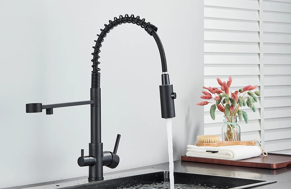 rozin Gun Grey Filter Water Kitchen Faucet Black Pull Down Spring 3 Way Faucets Brass 360 Swivel Purification Water Mixer Tap