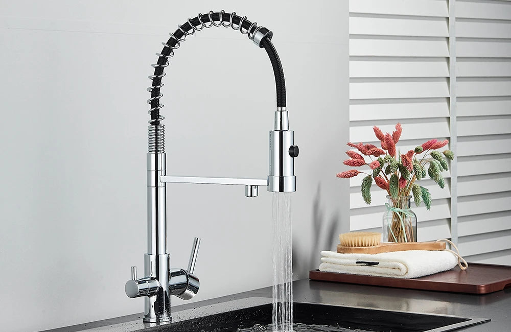 rozin Gun Grey Filter Water Kitchen Faucet Black Pull Down Spring 3 Way Faucets Brass 360 Swivel Purification Water Mixer Tap