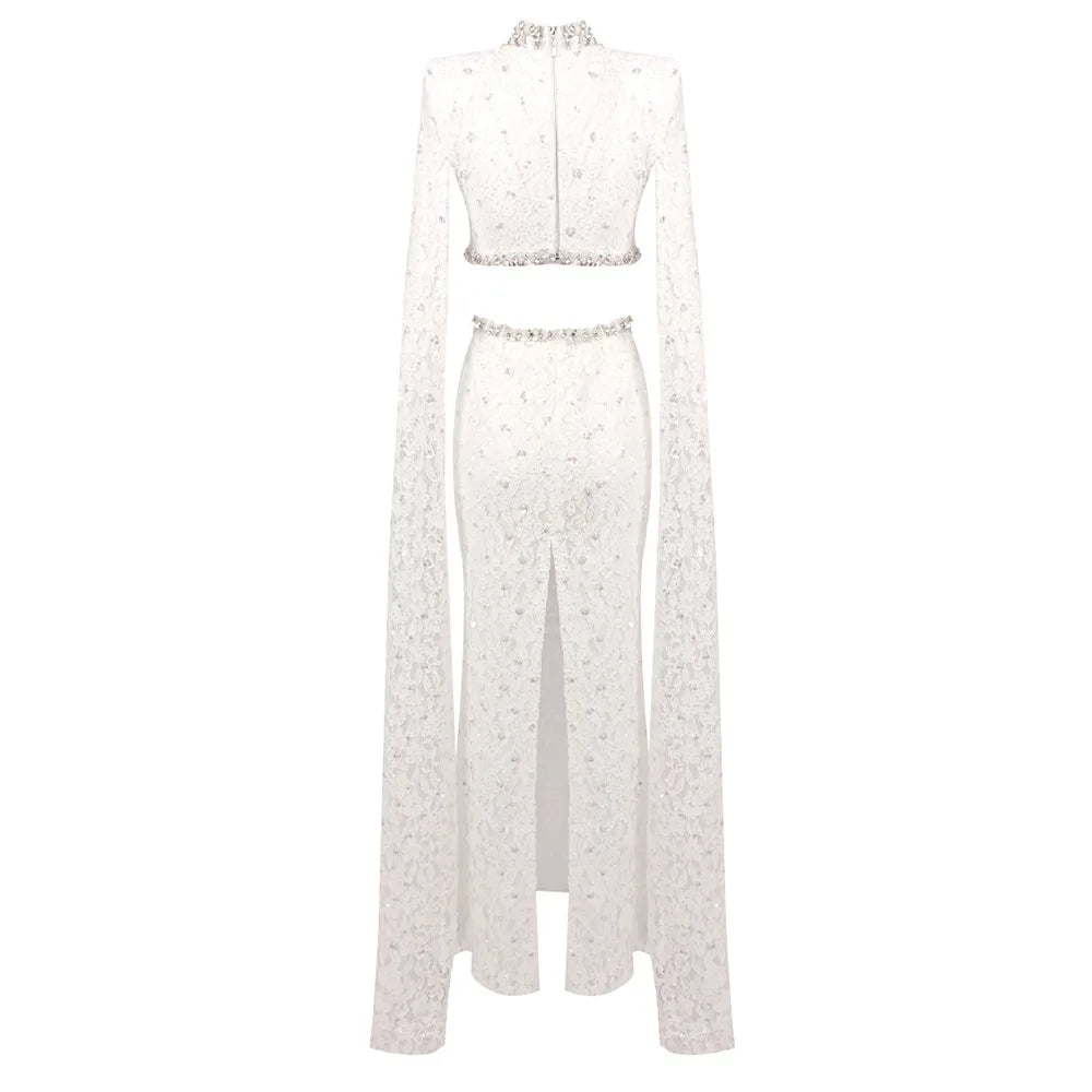 Lace Cutout Maxi Dress Women's High Neck Crystal Embellished Evening Gown With Long Cape Sleeves  Formal Dress