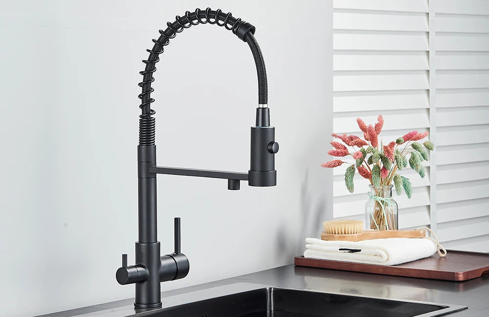 rozin Gun Grey Filter Water Kitchen Faucet Black Pull Down Spring 3 Way Faucets Brass 360 Swivel Purification Water Mixer Tap