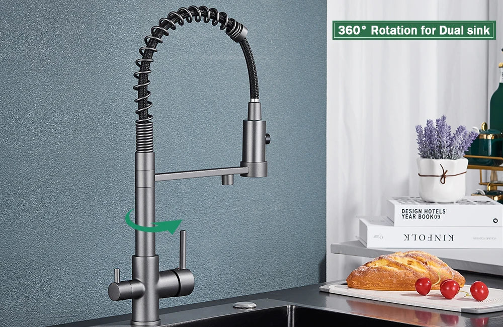 rozin Gun Grey Filter Water Kitchen Faucet Black Pull Down Spring 3 Way Faucets Brass 360 Swivel Purification Water Mixer Tap