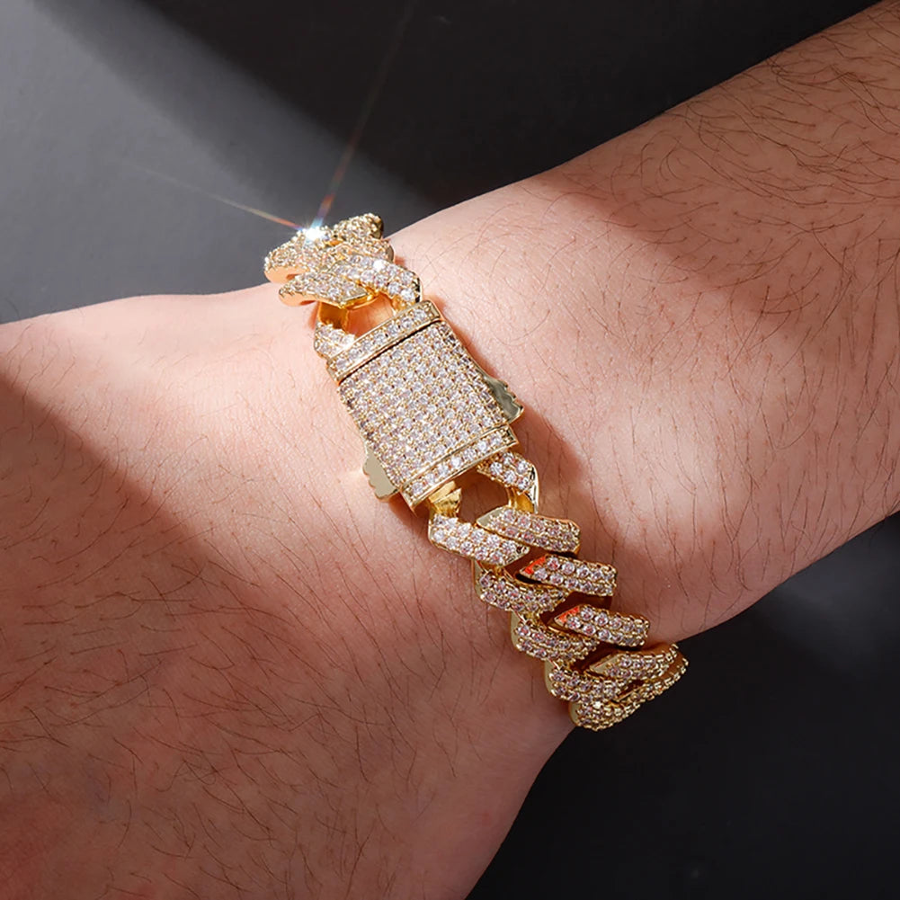 TOPGRILLZ 12mm Miami Cuban Chain Bracelet With Spring Clasp High Quality Fully Iced Cubic Zirconia  Hip Hop Fashion Jewelry Gift
