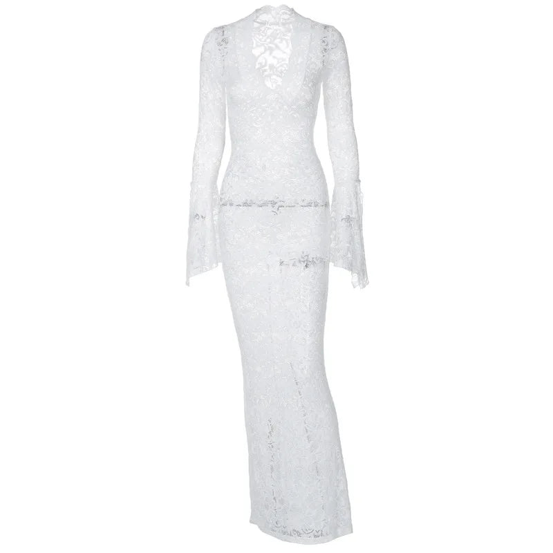 Wholesale Summer 2025 New Fashion Casual Sexy Deep V Lace Pattern Perspective Slim Sleeve Women's Dress