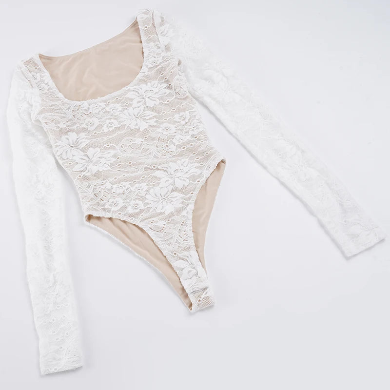Textured lace round neck simple long-sleeved bodysuit New Autumn Sexy Street Style Bodysuit