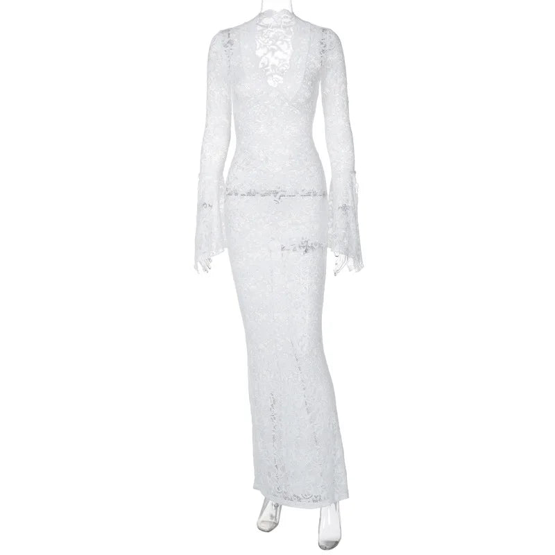 Wholesale Summer 2025 New Fashion Casual Sexy Deep V Lace Pattern Perspective Slim Sleeve Women's Dress