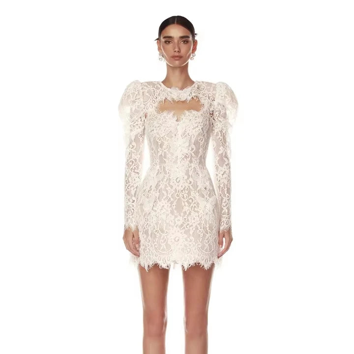 SS2349 White Lace Hollow  Out Elegant Two Pieces Dress High Waist Long Sleeve Mini Dress Luxury Evening Party Dresses
