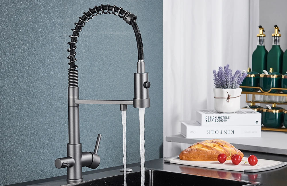 rozin Gun Grey Filter Water Kitchen Faucet Black Pull Down Spring 3 Way Faucets Brass 360 Swivel Purification Water Mixer Tap