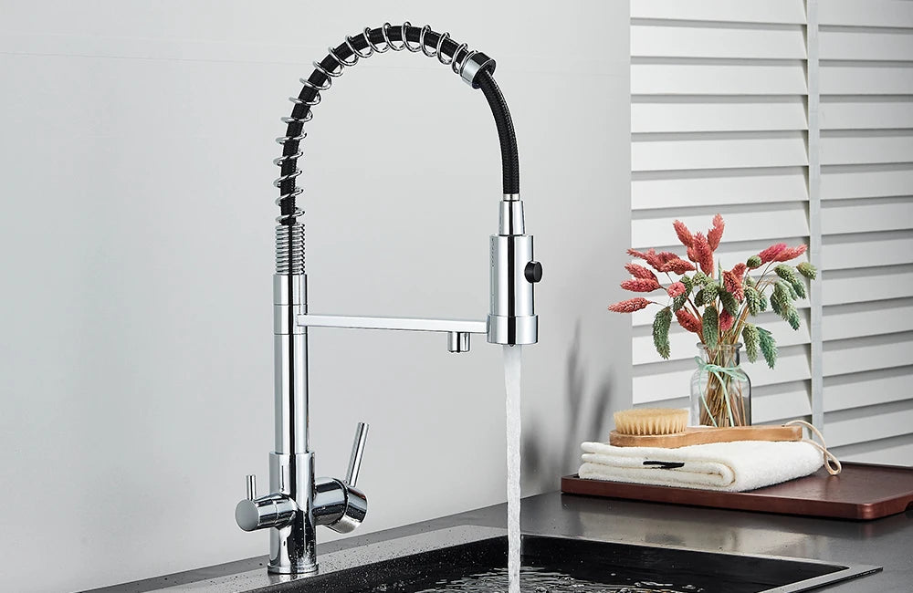 rozin Gun Grey Filter Water Kitchen Faucet Black Pull Down Spring 3 Way Faucets Brass 360 Swivel Purification Water Mixer Tap
