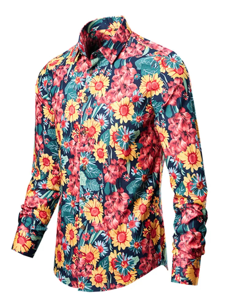 Man's shirts Cotton Vintage clothes flowers shirt Korean clothing  men's fashion Beach Men's clothing Long sleeve shirt Top 1025