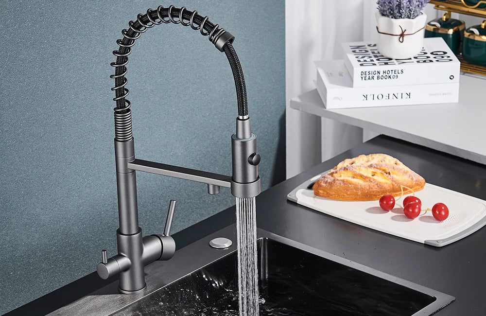 rozin Gun Grey Filter Water Kitchen Faucet Black Pull Down Spring 3 Way Faucets Brass 360 Swivel Purification Water Mixer Tap
