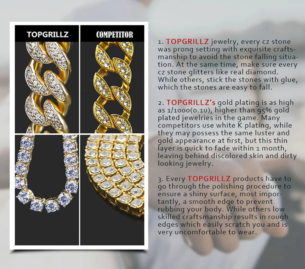 TOPGRILLZ 12mm Miami Cuban Chain Bracelet With Spring Clasp High Quality Fully Iced Cubic Zirconia  Hip Hop Fashion Jewelry Gift