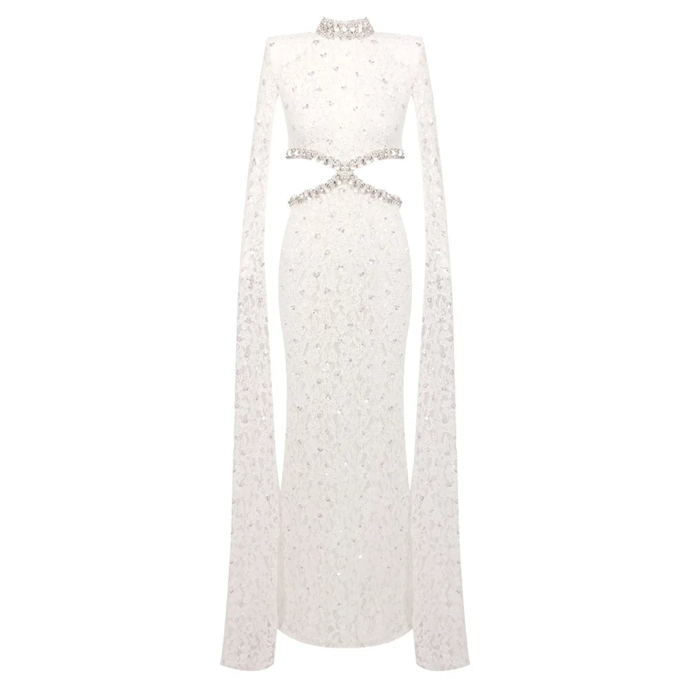 Lace Cutout Maxi Dress Women's High Neck Crystal Embellished Evening Gown With Long Cape Sleeves  Formal Dress