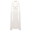 Lace Cutout Maxi Dress Women's High Neck Crystal Embellished Evening Gown With Long Cape Sleeves  Formal Dress
