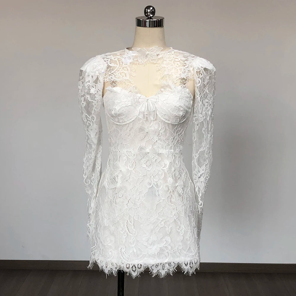 SS2349 White Lace Hollow  Out Elegant Two Pieces Dress High Waist Long Sleeve Mini Dress Luxury Evening Party Dresses