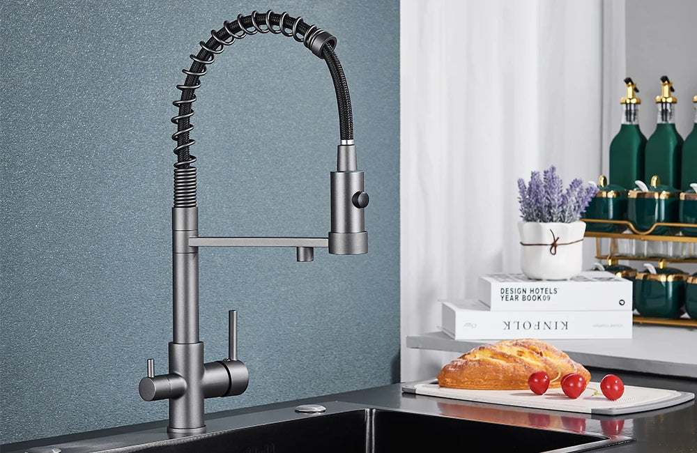 rozin Gun Grey Filter Water Kitchen Faucet Black Pull Down Spring 3 Way Faucets Brass 360 Swivel Purification Water Mixer Tap