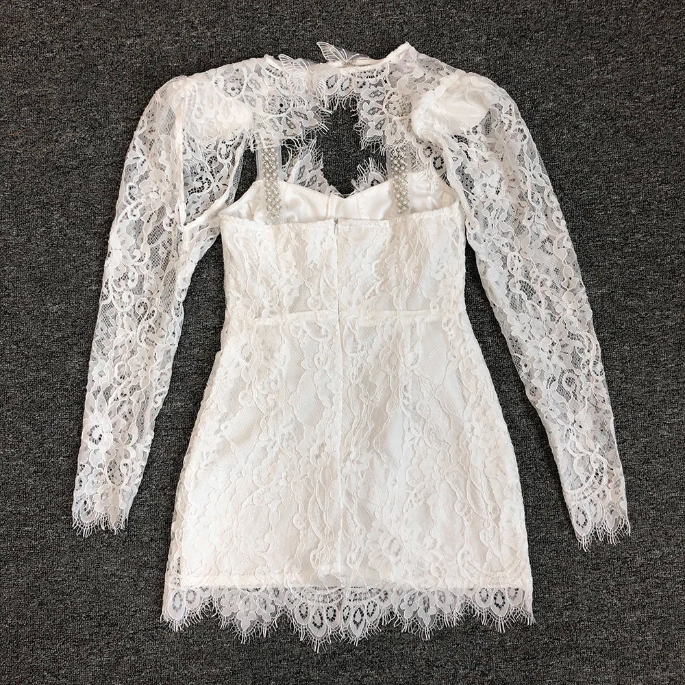 SS2349 White Lace Hollow  Out Elegant Two Pieces Dress High Waist Long Sleeve Mini Dress Luxury Evening Party Dresses