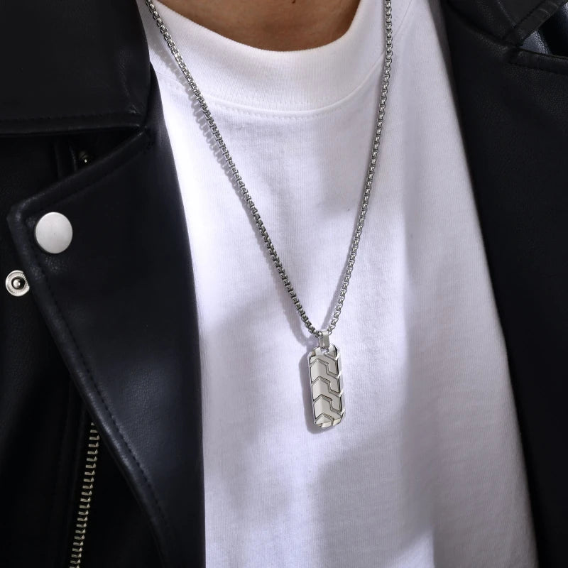 Geometric Tire Pattern Pendants Stainless Steel Men Personalized Trendy Square Pearl Necklace Fashion Jewelry Birthday Gift