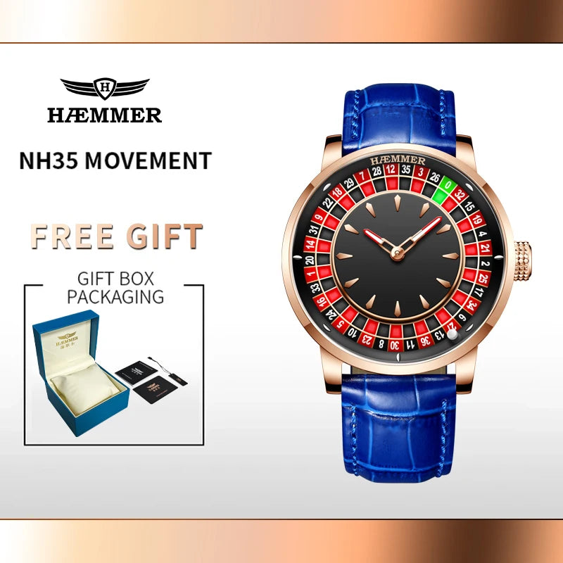 HAEMMER Luxury Men's Mechanical Watch NH35 Men's Roulette Rotary Sapphire Glass Watch Waterproof