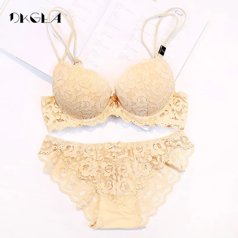 Hot Sexy Push Up Bra Set Brand Deep V Brassiere Thick Cotton Women Underwear Set Lace Blue Embroidery Flowers Lingerie B C Cup