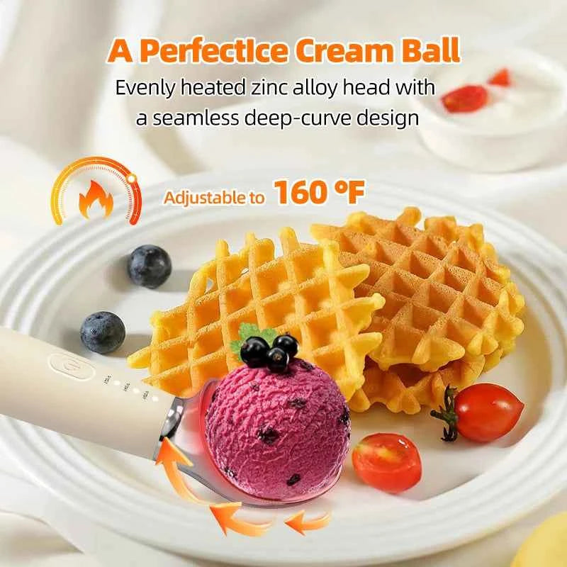 Heated Ice Cream Scoop Spoon, 3 Temperature Settings 120°F/140°F/160°F, 2600mAh Rechargeable, IPX6 Waterproof, Easy Scooping