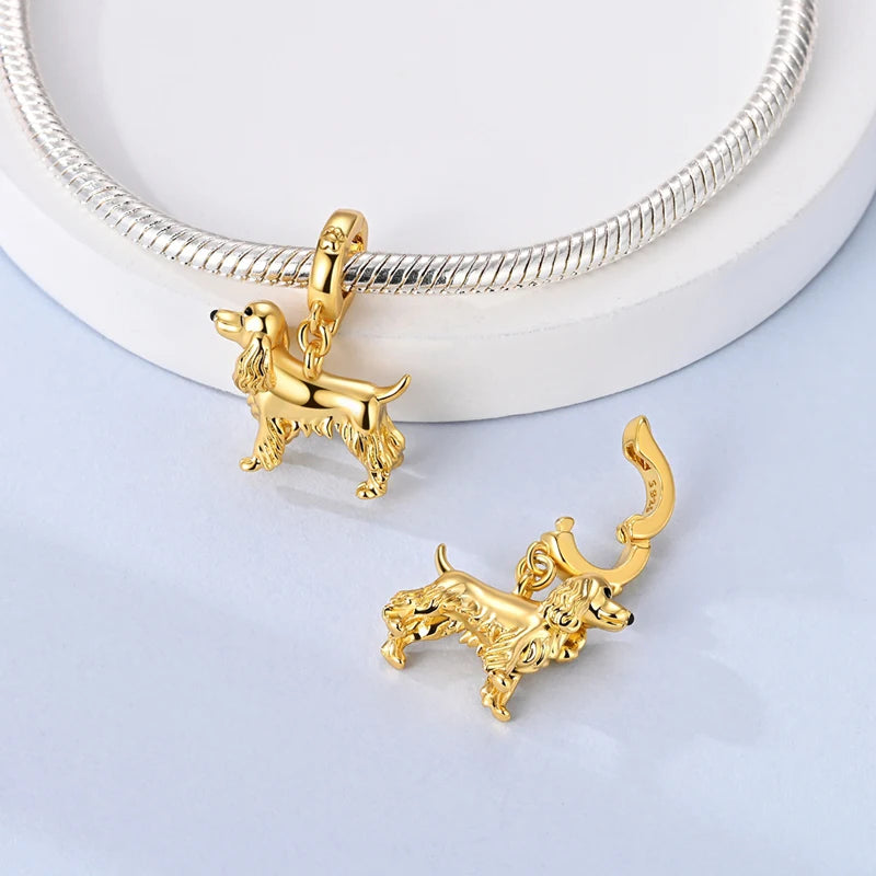 925 Sterling Silver Golden 3D Cocker Spaniel Dog Charm Fit Bracelet 2026 New Year Gifts Fashion Animal Jewelry for Women Girls