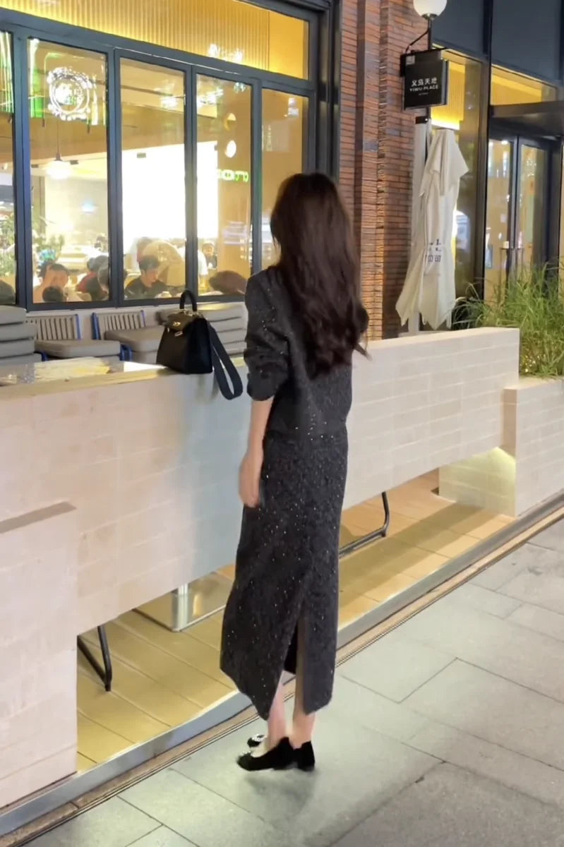 Spring Faion Diamond Embedded Suit Women's Sli f-length Skirt Quali Small Fraance Sle Two-piece Set