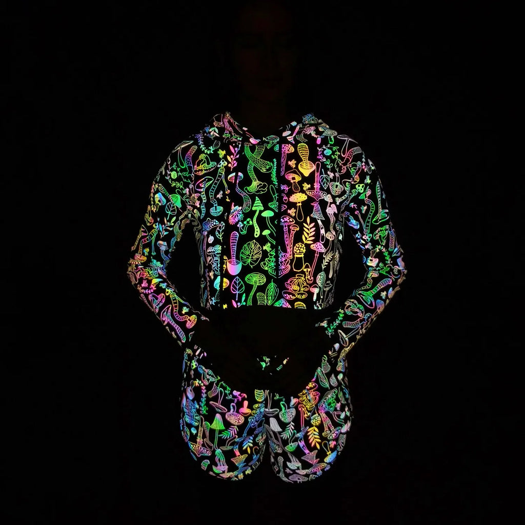 Spring Autumn Women Colorful Reflective Pullover Hoodies Y2K Harajuku Mushroom Printed Long Sleeve Crop Tops sudadera кофта