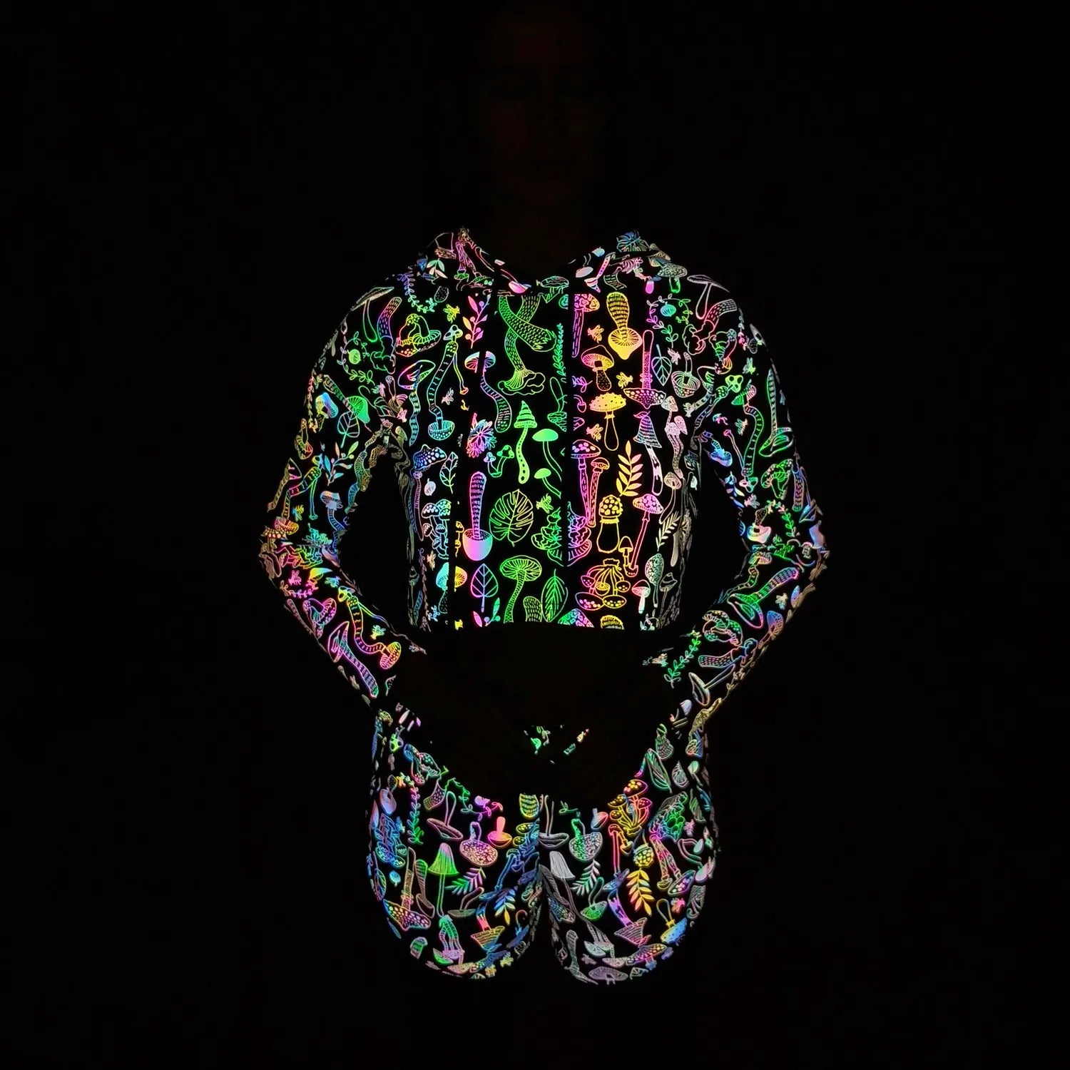 Spring Autumn Women Colorful Reflective Pullover Hoodies Y2K Harajuku Mushroom Printed Long Sleeve Crop Tops sudadera кофта