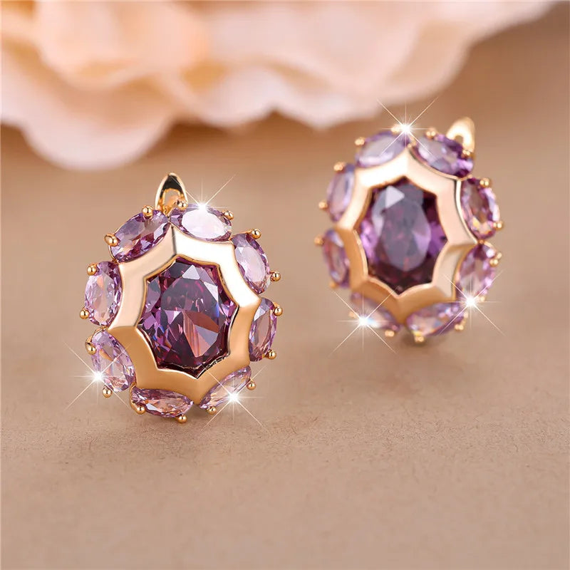 Luxury Female Purple Zircon Stone Clip Earrings Charm Gold Color Wedding Jewelry For Women
