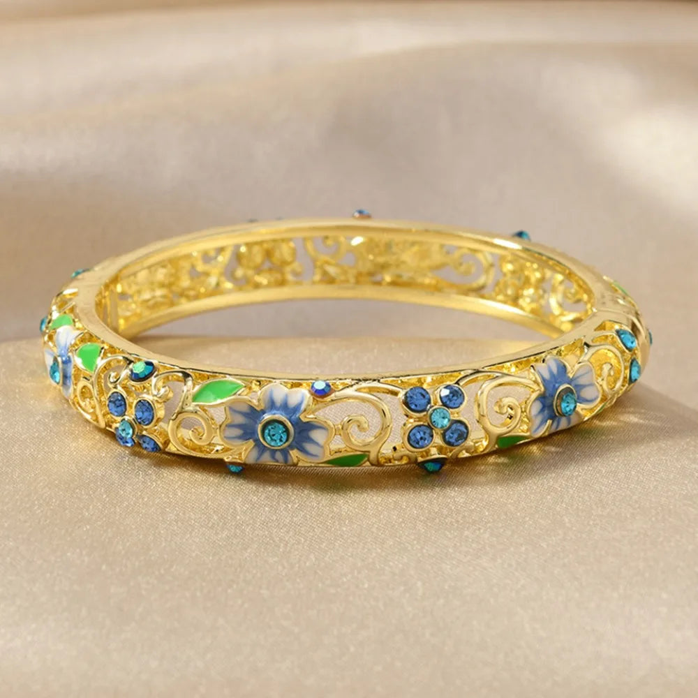 Ethnic Luxury Gold Color Hollowed-out Jingtai Blue Enamel Dripping Glaze Lucky Four-Leaf Clover Zircon Bangles for Women Jewelry