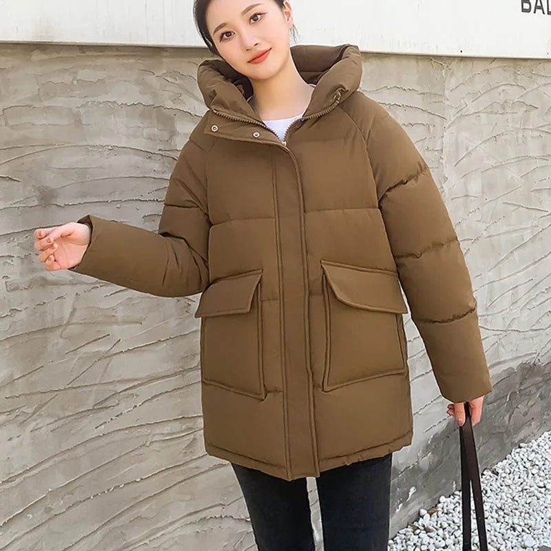 Clothing Women Cotton-Padded Jacket 2025 New Casual Elegant Loose Solid Color Warm Hooded Winter Warm Women Cotton Jacket H537