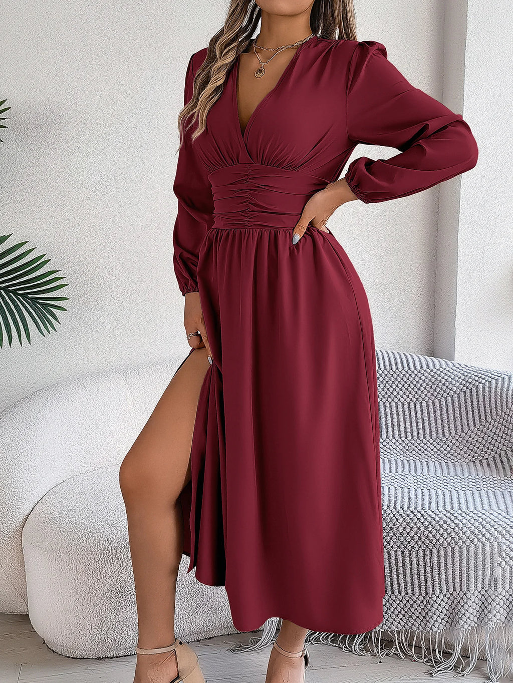 Spring Summer Vacation High Split V-Neck Long Sleeve Dresses for Women Bridesmaid Dress