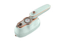 Compact handheld steam iron in white with rose gold accents and temperature dial
