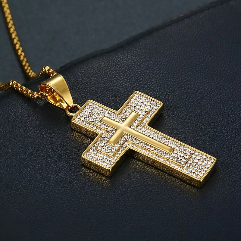 Hip Hop gold color Jewelry Large Cross Pendant Iced Out Shining zircon Fashion Bling Bling Cross Men Chain Necklace Jewelry