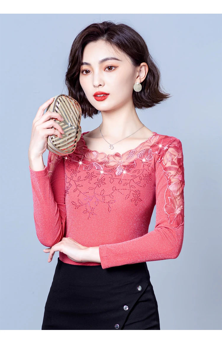 Spring Autumn Long Sleeve Mesh Shirt Round Neck Patchwork Women Lace Tops Korean Fashion Diamond T Shirt