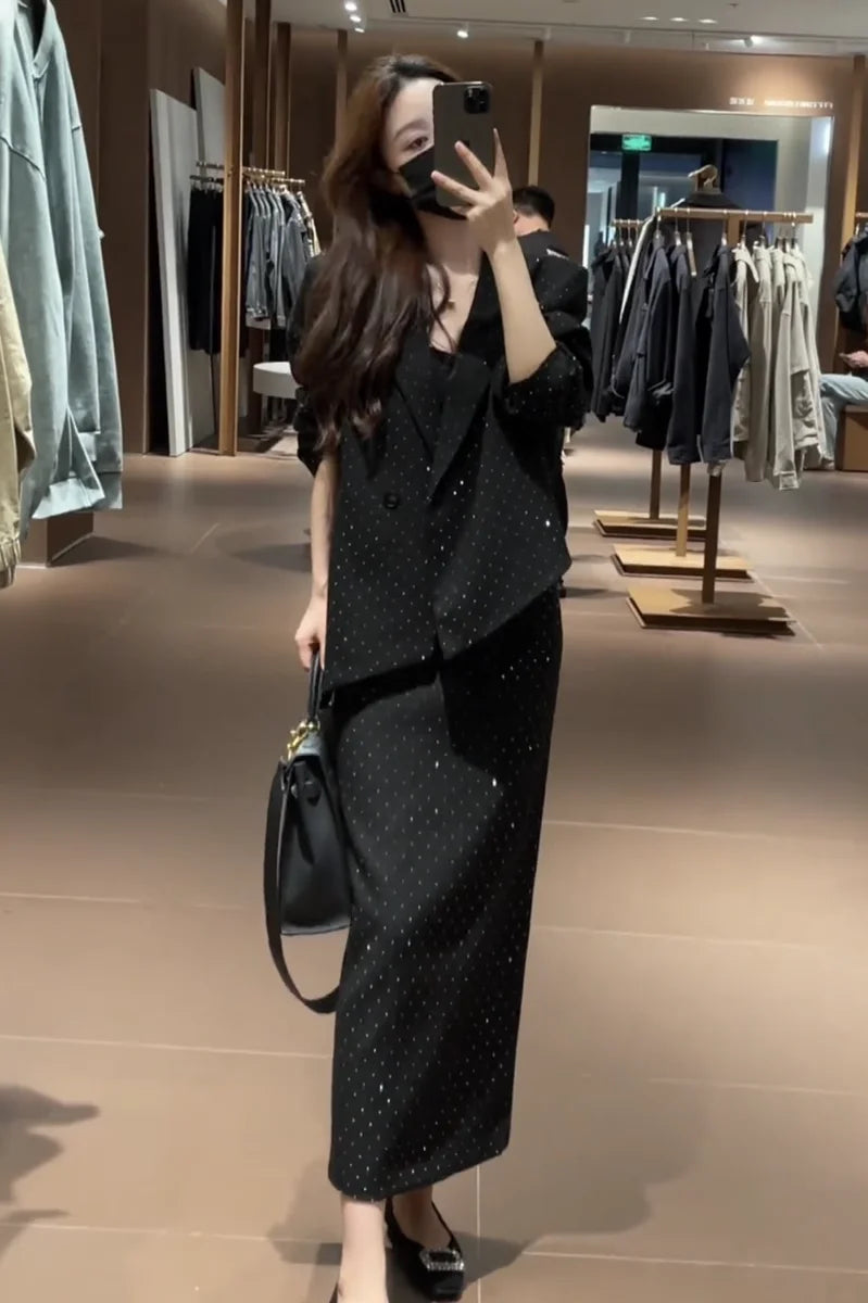 Spring Faion Diamond Embedded Suit Women's Sli f-length Skirt Quali Small Fraance Sle Two-piece Set