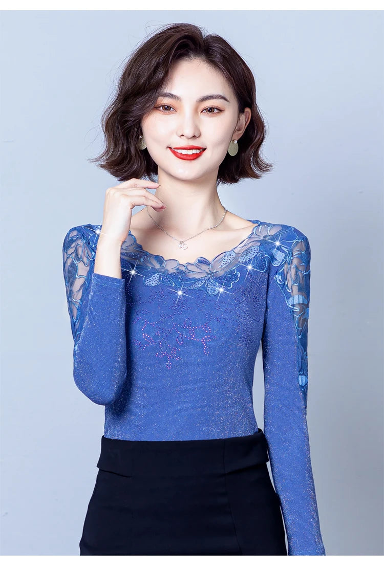 Spring Autumn Long Sleeve Mesh Shirt Round Neck Patchwork Women Lace Tops Korean Fashion Diamond T Shirt