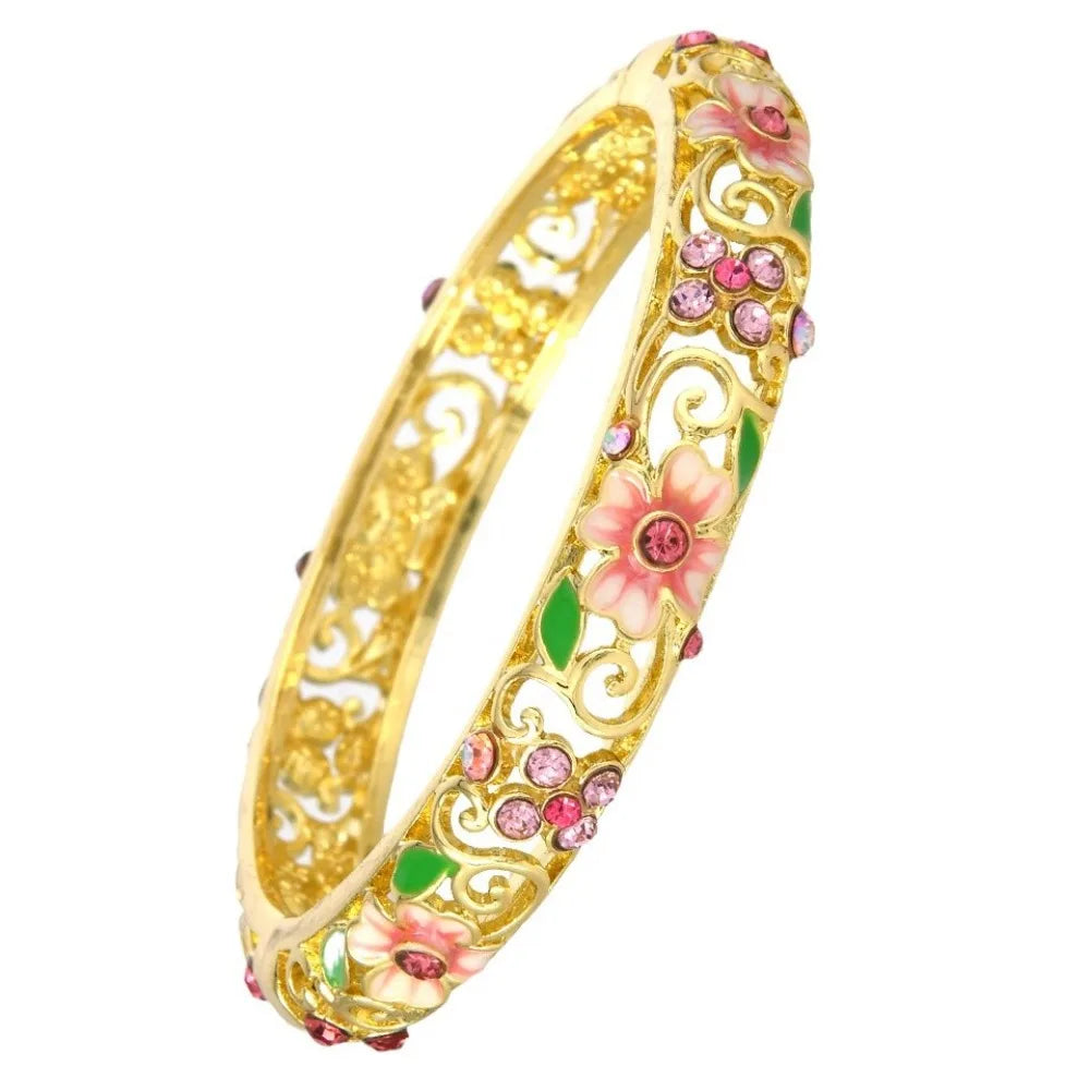 Ethnic Luxury Gold Color Hollowed-out Jingtai Blue Enamel Dripping Glaze Lucky Four-Leaf Clover Zircon Bangles for Women Jewelry