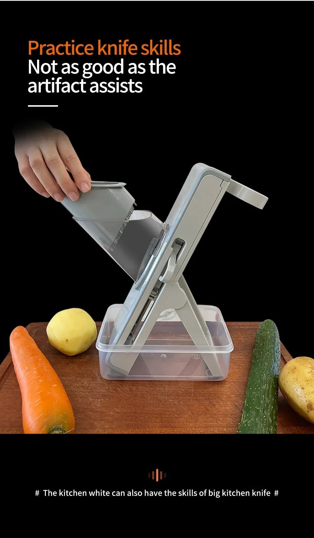 Hand using a kitchen mandoline slicer with carrot, potato, and cucumber on wooden board